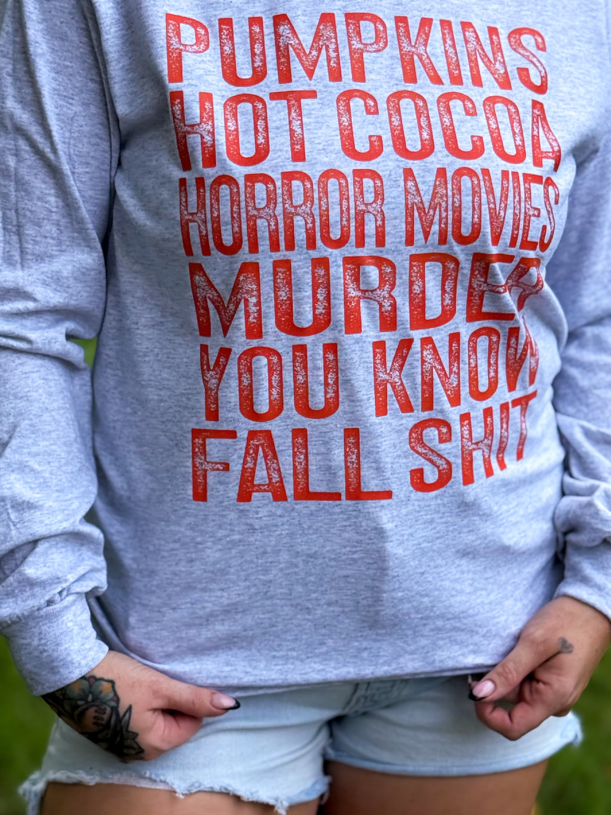 Adult Pumpkin Cocoa Horror Murder Fall Shit Light Gray Medium Long Sleeve